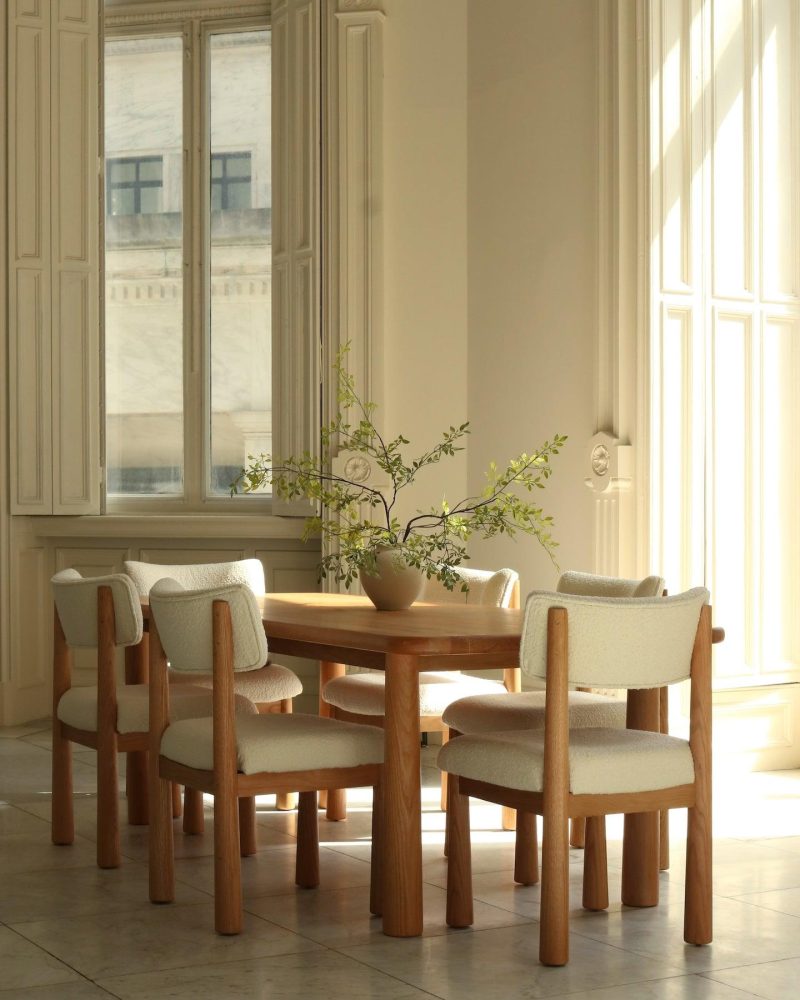 upholstered white boucle dining chairs